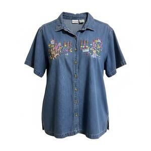 VTG Bobbie Brooks Women's Denim 90's Embroidered Floral Button Up Shirt 22W/24W